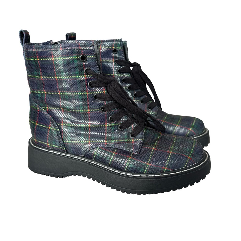 Madden Girl Kurrt Combat Moto Ankle Boot Size 6 Plaid Lace Up Zip Platform Sole